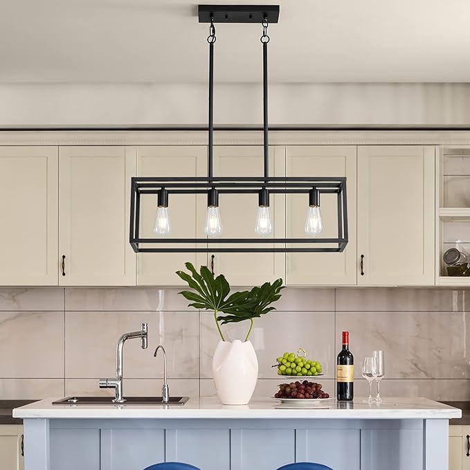 Black 4-Light Industrial Vintage Chandelier, Modern Linear Rectangular Cage Hanging Light Fixture for Farmhouse Kitchen, Dining Room, Bar, Living Room