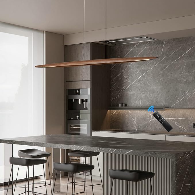 71" Wood Linear Pendant Light Wood Linear Dinning Room Light Island Lights LED Dimmable Chandelier 40w for Dining Room Billiard & Pool Table Walnut Color