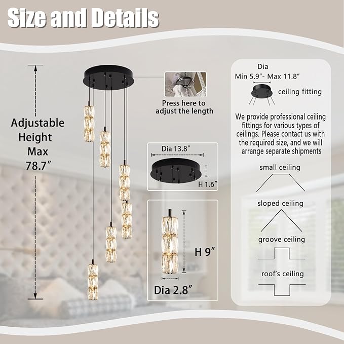 H78 Pendant Lights Kitchen Island 6-Lights Pendant Chandelier for Dining Room Hallway Stairwell,LED Dimmable 2700K-6000K (Black Chandelier)