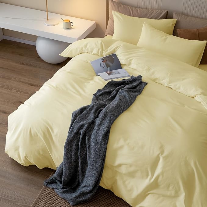 JIYUAN 100% Washed Cotton Duvet Cover Set 3 Pieces Full, 1 Duvet Cover 80x90 Inches(Comforter Not Included) and 2 Pillowcases,Linen Feel Bedding Set Comfy and Breathable,Light Yellow