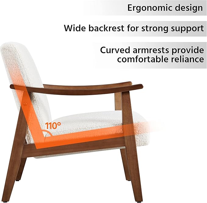 Yaheetech Fabric Accent Chair, Mid-Century Modern Armchair with Solid Wood Legs, Reading Leisure Chair with High Back for Living Room Bedroom Waiting Room, Set of 2, Ivory