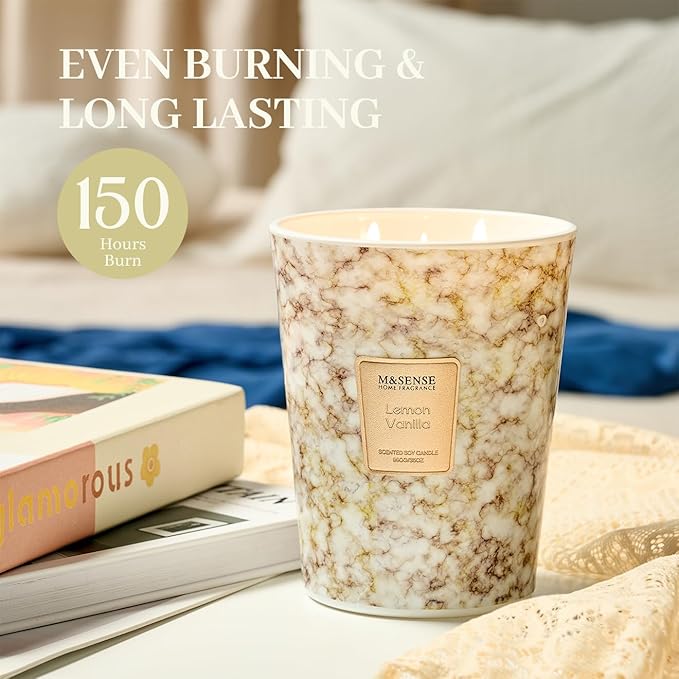 M&SENSE Sugared Lemon Zest Scented Candles for Home, 3-Wick Highly Scented Jar Candles, Extra Large Candle 35 Oz 150 Hours Long Lasting Burning, Relaxing Aromatherapy Candle for Stress Relief