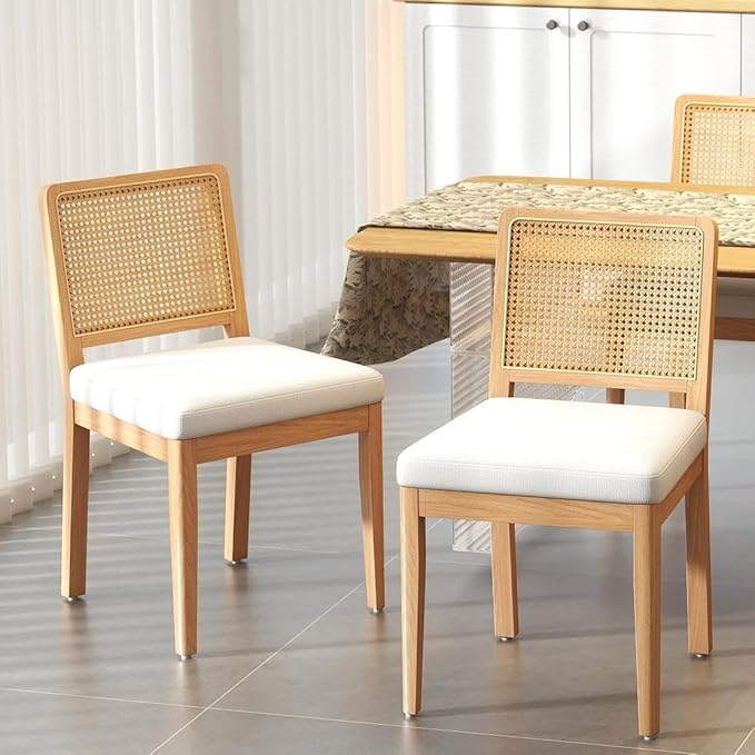 LukeAlon Farmhouse Rattan Dining Chairs Set of 2, Mid Century Modern Chenille Kitchen & Dining Chairs with Solid Wood Legs, Woven Cane Upholstered Kitchen Chairs Side Chairs for Dining Room, White
