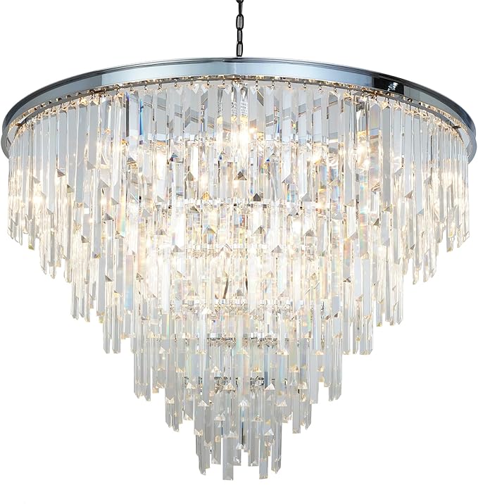 39'' Modern Crystal Chandelier, Chrome Round Ceiling Light with Clear Prisms, Luxury Flush Mount Lighting Fixture for Dining Room Bedroom Foyer