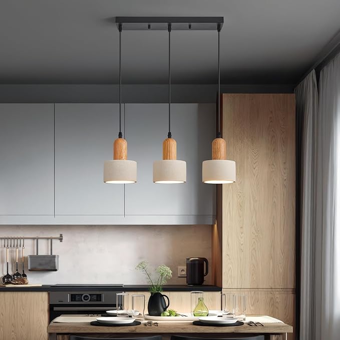 Modern Cement Pendant Lights White Chandelier Wooden Ceiling Lamps for Kitchen Island Bedroom Dining Room Living Room bar（3-Light）