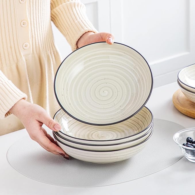 vancasso Bonbon Pasta Bowls Set of 6, 38 Oz Ceramic Salad Bowls, Wide and Shallow Bowls Set, Large Serving Bowls for Kitchen, Beige