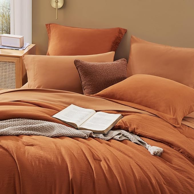 WRENSONGE Oversized Queen Comforter Set - 7 Pieces Burnt Orange Bed in a Bag Queen with Sheets, 2 Pillow Shams, and 2 Pillowcases- Warm Bedding Sets Queen for All Season