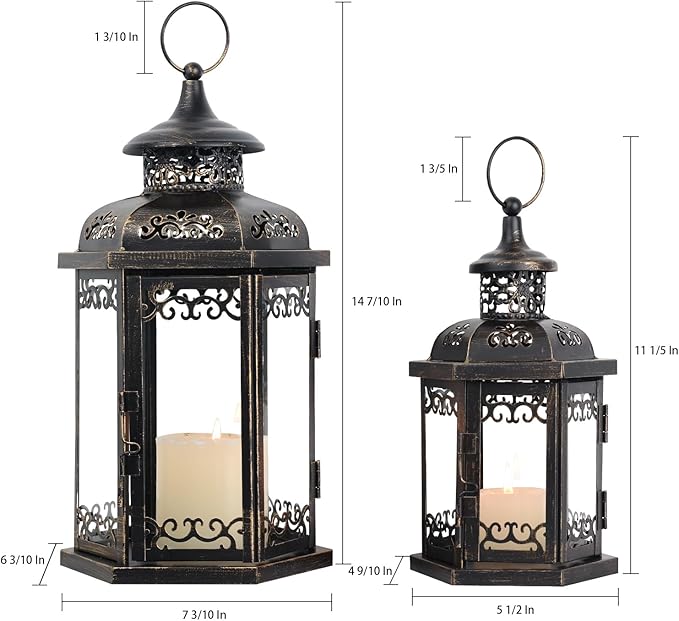 DECORKEY Large Lantern Decorative Outdoor & Indoor, Set of 2 (15’’&11’’) Metal Candle Lanterns Decor, Vintage Hanging Candle Holder for Front Porch Patio Wedding Farmhouse Home, Spring Decoration