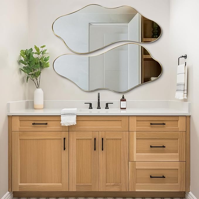Gold Irregular Mirror, Asymmetrical Wall Mirrors Decorative, 40"x18" Wavy Shaped Mirror with Metal Frame, Modern Abstract Mirrors for Living Room Bathroom Bedroom Hallway Entryway Fireplace
