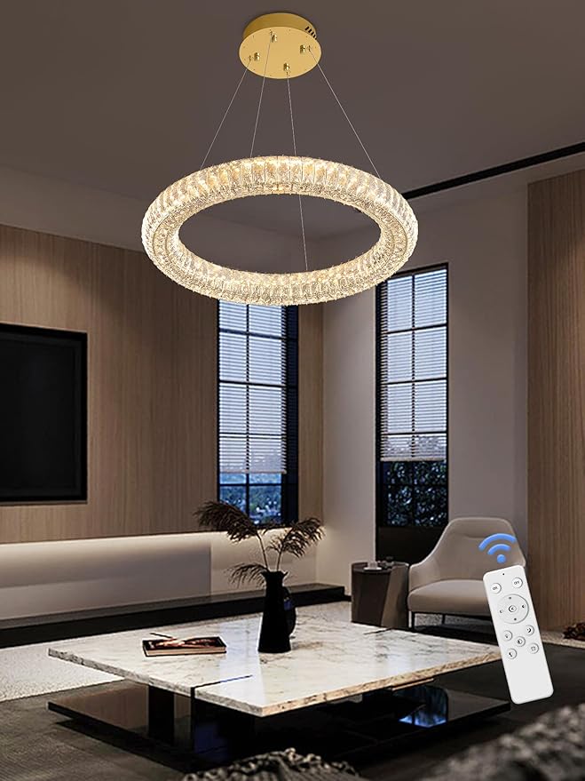 Modern Crystal Chandelier Dimmable LED 23.6" Ring Pendant Light Adjustable Round Gold Crystal Chandelier Light Fixtures for Dining Room Living Room