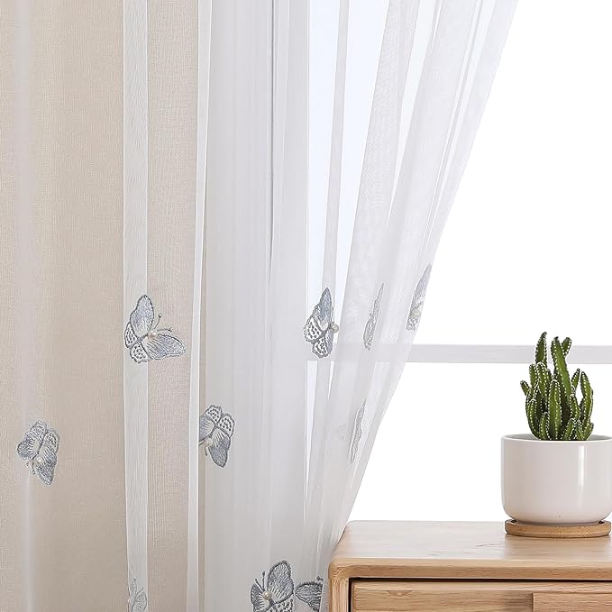 VISIONTEX White Sheer Voile Curtains, Decorative Blue Embossed Butterflies Rod Pocket Window Drapes for Home Kitchen, Living Room and Bedroom 54 x 63 Inch, Set of 2 Curtain Panels