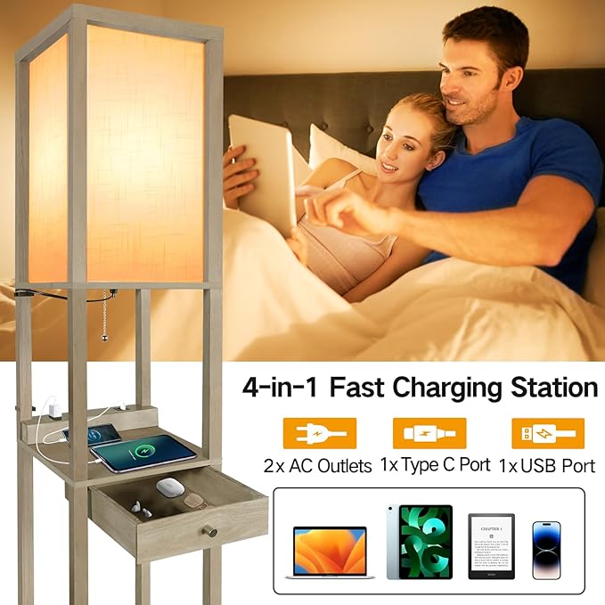 OUTON Deluxe Shelf Floor Lamp with 1 Drawer, 2 USB-C Ports, 2 AC Outlets, LED Modern Floor Lamp with 3 Color Temperature, Storage Display Wood Standing Lamp for Living Room, Bedroom, Office (Grey)