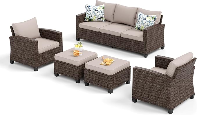 Patio Furniture Set Outdoor Furniture Brown Wicker Rattan Patio Conversation Sets with Cushion Outside Sofa Set,5 Pieces 7 Seats,Beige