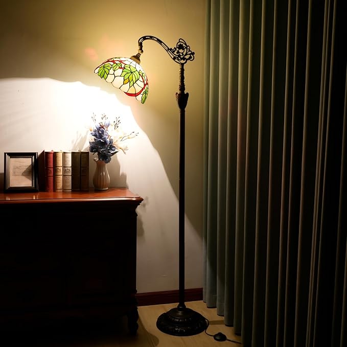 Tiffany Floor Lamp Green Grape Leaf Stained Glass Lamp Tiffany Style Floor Lamp Retro Adjustable Upright Warm Light Reading Lamp Home Decoration Lighting Living Room Bedroom Office Dining Room Study