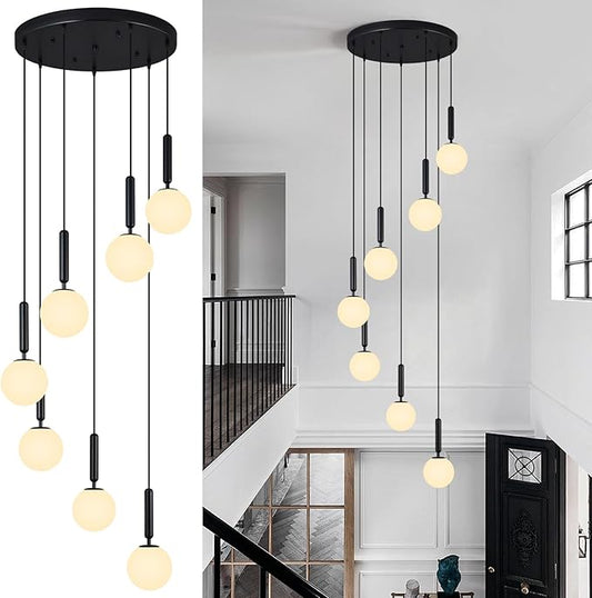 7-Lights Black Chandelier with Milk White Glass Hanging Fixture Light for Kitchen Island Mid Century Modern Globe Pendant Light for Foyer Living Room Entryway Hallway