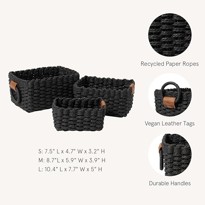 LA JOLIE MUSE Small Wicker Baskets for Organizing, Recycled Paper Rope Storage Basket Container Bins for Shelves Bathroom Cupboards Drawer, Decorative Square Basket Organizer Set of 3, Black