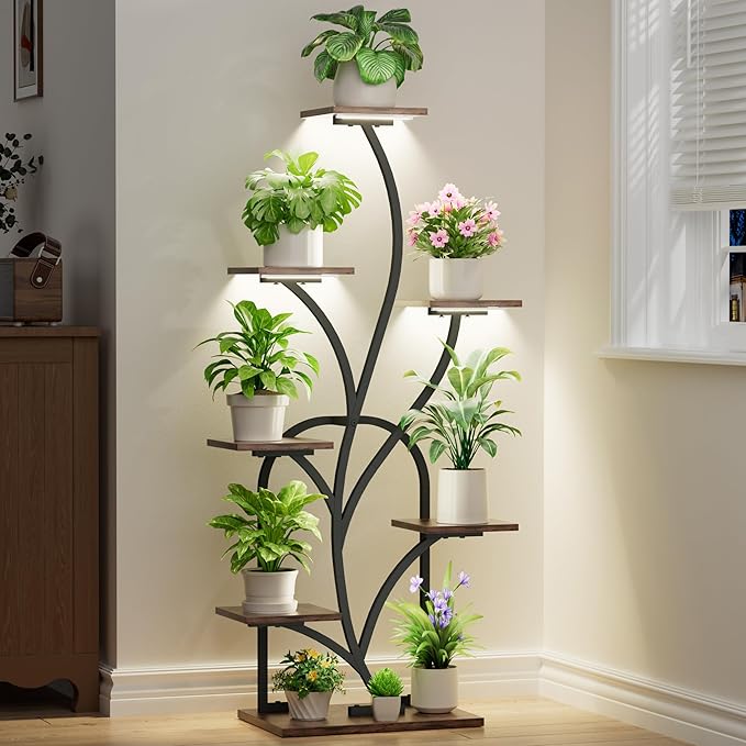 plant stand indoor with grow lights - 51" tall plant stand, corner plant shelf for indoor plants, 8 Tiered Lighted Flower holder, vase-shaped plant rack for living room, hallway, home décor