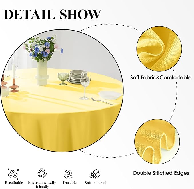 Round Tablecloth 2 Pack 108 Inch Yellow Tablecloths Washable Decorative Linen Polyester Table Clothes Cover for Dining Table Banquets Buffet Parties and Wedding