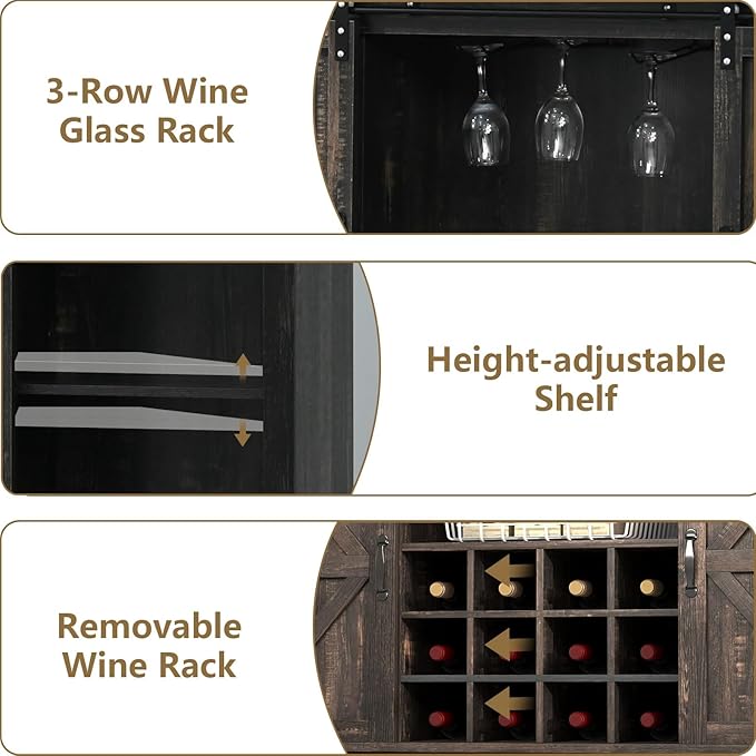55 Inch Farmhouse Coffee Bar Cabinet with 3-Tier Storage, Kitchen Hutch with12 Wine Racks & 3 Glass Holders, Coffee Bar with 6 Hooks, Wine Bar Cabinet for Dining Living Room, Oak