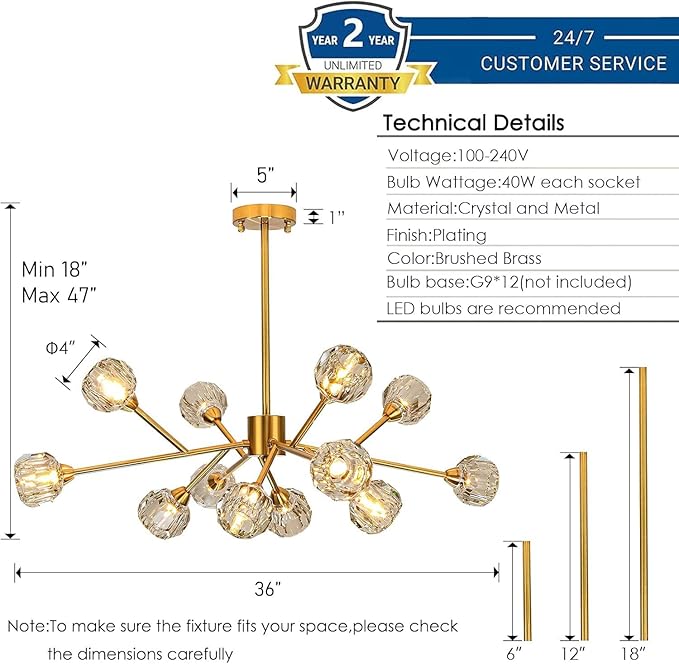Sputnik Chandeliers Modern Crystal Pendant Lighting Gold Chandelier 12 Lights Mid Century Ceiling Light Fixtures for Dining Room Kitchen Island Living Room Bedroom Bar