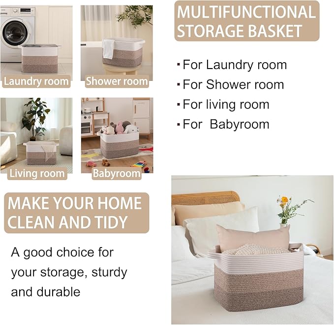 OIAHOMY Cotton Rope Basket, Rectangle Woven Baskets for Storage, Nursery Blanket Storage Living Room, Toy Basket With Handle-17.7”x13.8”x11”-Gradient Yellow