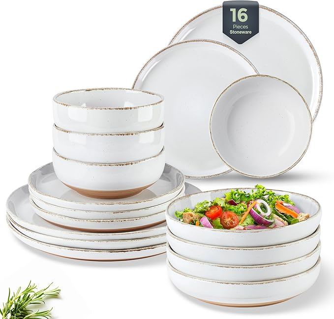 AmorArc 16 Pieces Ceramic Dinnerware Sets for 4, Handpainted Plates and Bowls Set with Rustic Terracotta Underside, Scratch Resistant Stoneware Dishes Set, Dishwasher & Microwave Safe, White