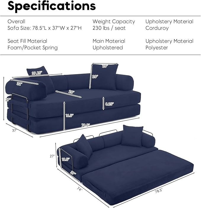 Convertible Sleeper Sofa Bed with Cylindrical Pillow, Corduroy Folding Boneless Couch with Fixed-Shape Frame, Floor Sofa Lounge Couch for Living Room Bedroom Lounge Studio-Blue