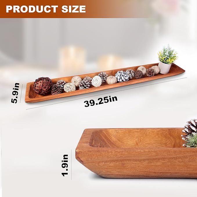 Uziass Wood Dough Bowl, 39.25in Hand Carved Rustic Wooden Dough Bowls Farmhouse Decorative Wood Dough Bowl Long Wooden Bowls for Dining Table Centerpiece Living Room Home Kitchen Counter Accent Decor