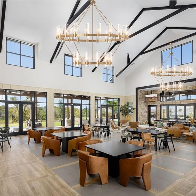 60" Gold Chandelier, 2 Tier Wagon Wheel Chandelier with Glass Shade, 30-Lights Large Round Modern Farmhouse High Ceilings Pendant Lighting Fixture for Dining Room, Living Room, Kitchen, Foyer