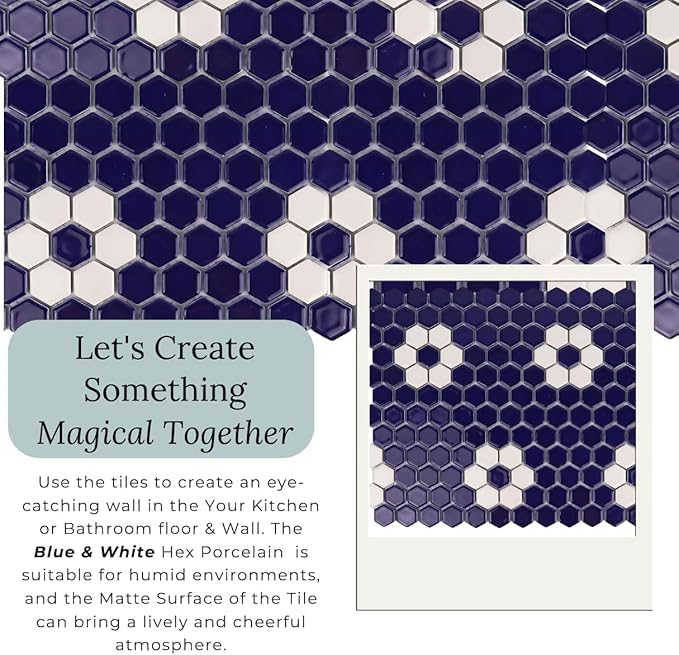 Tenedos Hexagon Glossy Cobalt Blue Flower Porcelain Mosaic Tile – Kitchen Backsplash, Bathroom Wall & Shower Floor Tile (5 Sheets)