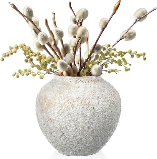 White Ceramic Decorative Flower Vase 8.27" x 8.66" Textured Round Rustic Pottery Vintage Large Vase for Home Decor Centerpieces Living Room Christmas Decoration