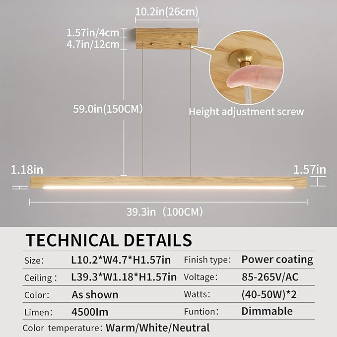 Wooden Linear Pendant Light, 39" Modern Chandeliers for Dining Room, Dimmable Pool Table Island Lights for Kitchen, LED Ceiling Pendant Lamp for Dining Room Billiard Room, Natural Ash