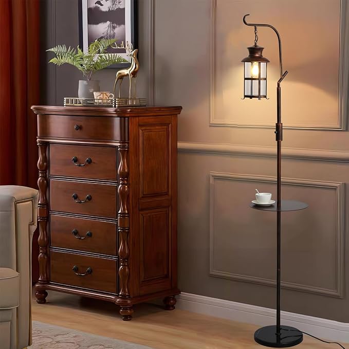 Vintage Dimmable Floor Lamp with matel Table,Classical Lanterns Standing Lamp, Rustic Farmhouse Floor Lamp with Red Copper Finish, for Living Room Bedroom