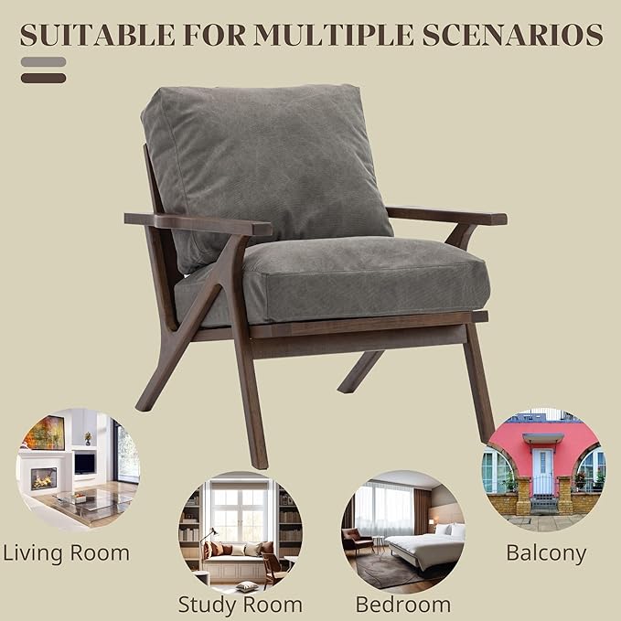 Wahson Set of 2 Mid Century Arm Chairs and Ottomans, Upholstered Accent Armchair with Wood Frame and Canvas Cushions, Leisure Slipper Chair for Living Room/Bedroom, Grey