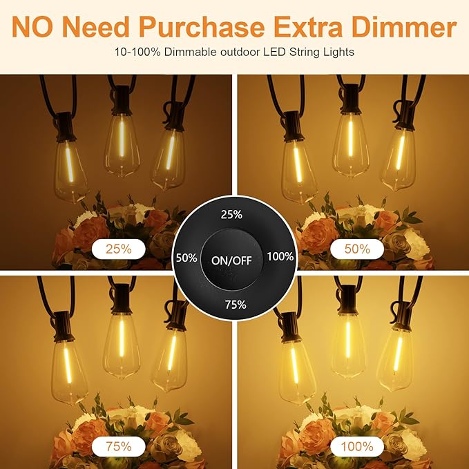 50FT Outdoor String Lights with Remote, Garden Patio Decor with 2500K Warm White, 25+1 LED Edison Bulbs, Support Timer Dimmable Waterproof Shatterproof for Yard Outside Porch Deck Indoor