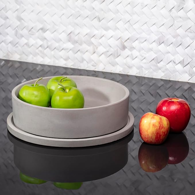 Simon Brothers Concrete Fruit Bowl with Tray for Kitchen Counter - Large Decorative Bowls for Home Decor - Modern Key Bowl for Entryway Table - Key Holder and Vanity Tray