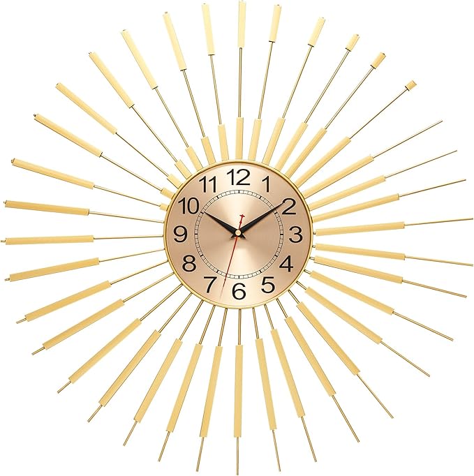 Wall Clock Large 23 Inch - Starburst Sunburst Round Gold, Modern Non-Ticking Battery Operated Silent Decorative Clock for Living Room Bedroom Kitchen Office