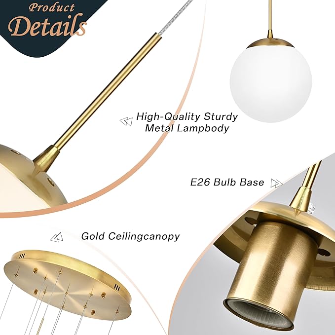 KoKo&Yukina 9-Light Globe Milky White Glass Pendant Light Adjustable Length Pendant Lights Modern Glass Globe Pendant Lights Gold Chandeliers Large Chandeliers for High Ceilings (Bulb & Remote Incl)