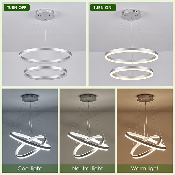 2-Rings Modern LED Chandelier Silver for Dining Room, Circular Flush Mount Ceiling Chandelier Light Dimmable Pendant Light with Remote Control for Living Room Entrance Foyer, 3000K-6500K