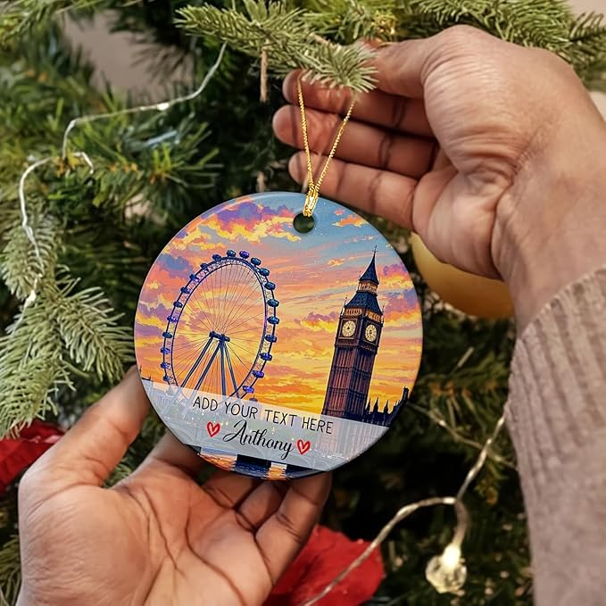 Personalized Millennium Wheel London Ceramic Christmas Tree Ornament, Millennium Wheel Souvenir Xmas Keepsake Ornaments, Customized Text/Name London Trip Memories Christmas Ornament Gifts for Family