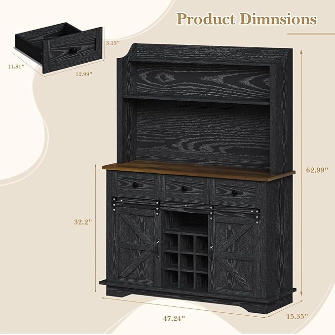 63 Inch Tall Coffee Bar Cabinet with 3-Tier Storage, Kitchen Hutch with 3 Drawers, Farmhouse Coffee Bar with 9 Racks & 3 Glass Holders, Wine Bar Cabinet for Living Dining Room, Black