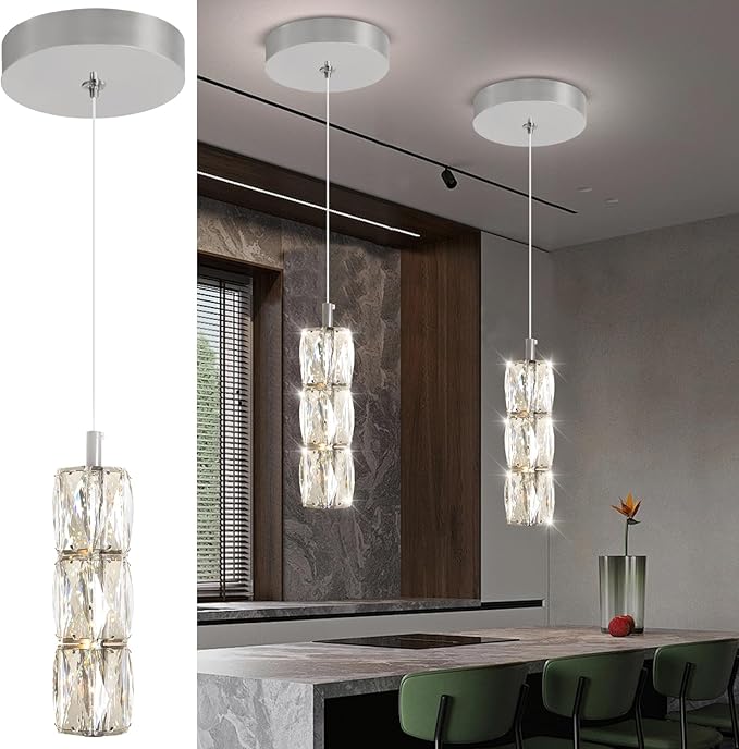 Pendant Lights Kitchen Island Single Head Chrome Crystal Island Lights Dining Foyer Entrance Modern Chandeliers LED Dimmable 2700-6000K