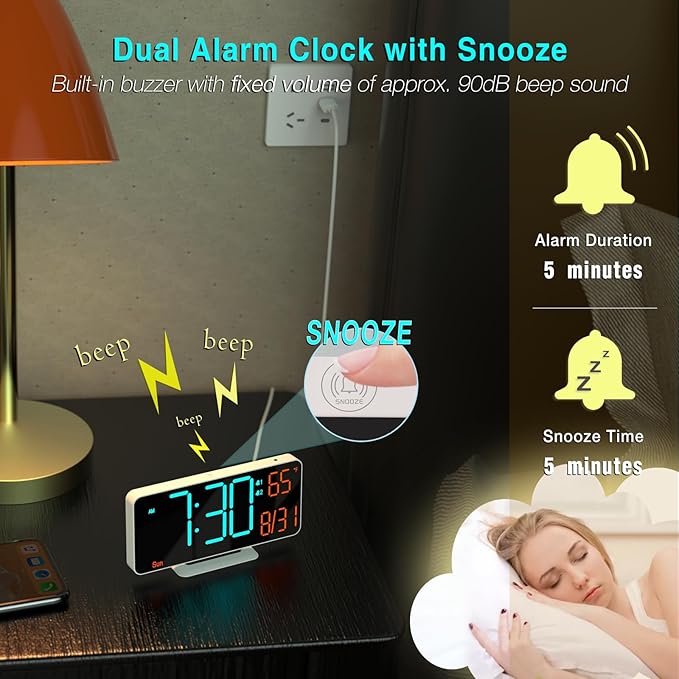 KOSUMOSU Desk Clock, 6.7in Small Digital Clock for Bedroom, Auto Dimming, Room Temperature, Day of The Week, Seconds, Date, LED Clocks for Living Room, Alarm Clocks for Bedrooms