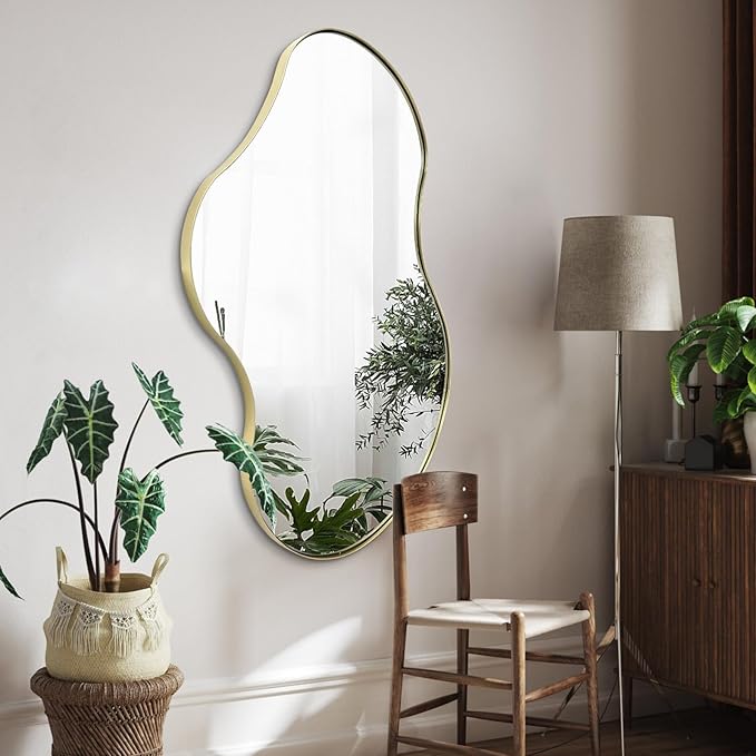 Gold Irregular Mirror, 36"x26" Asymmetrical Wall Mirrors with Metal Frame, Waved Shaped Decorative Mirrors for Living Room Bathroom Bedroom Hallway Entryway Fireplace