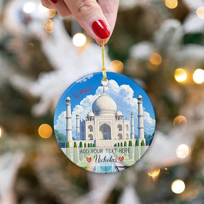 Personalized Text/Name India Taj Mahal Agra Ornament Christmas 2025, India Travel Souvenir Ceramic Ornament Xmas Tree Hanging, Custom Taj Mahal Vacation Trip Xmas Keepsake Ornaments Gift for Friends