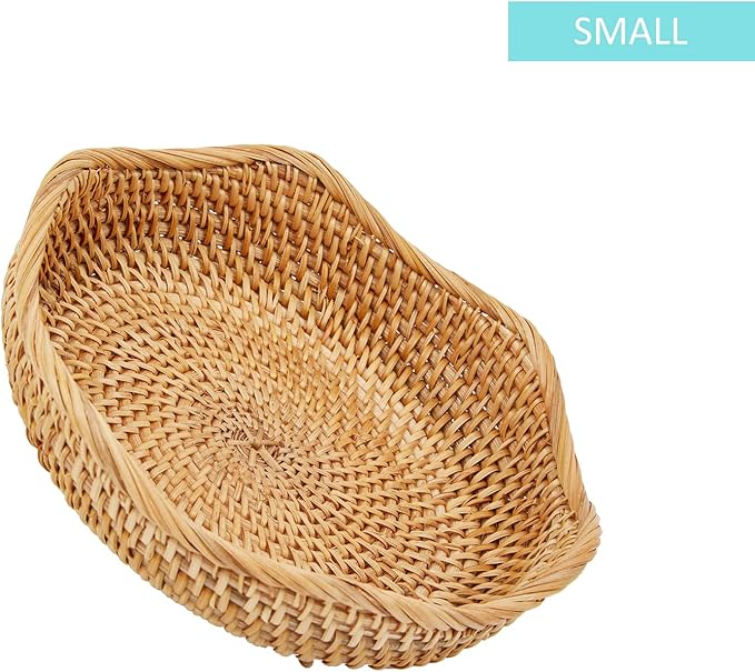 Natural Rattan Round Fruit Basket Bowls, Hand Woven Decor Serving Baskets, Wicker Storage for Dinning Room (Wave-Small)