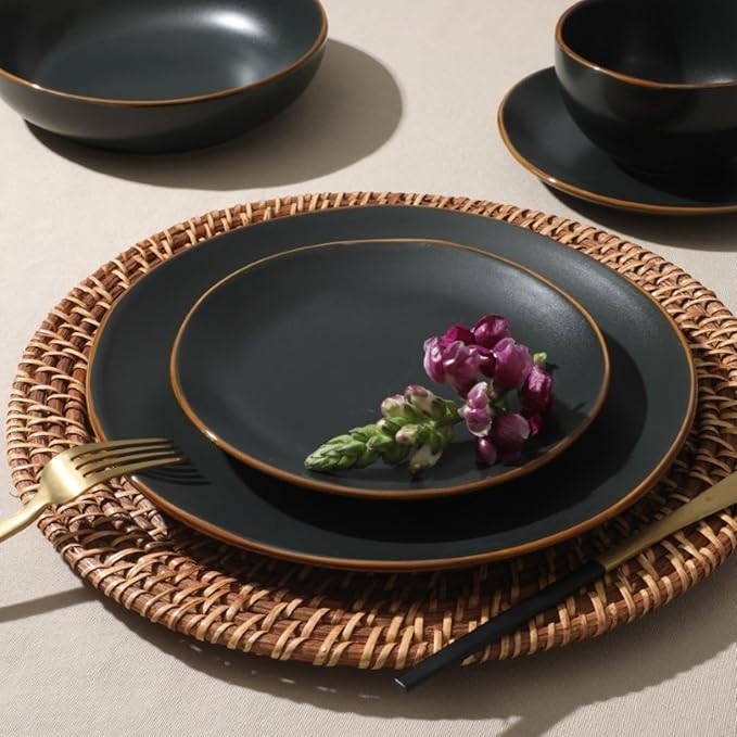 Gibson Home Hazeltine 16 Piece Plates and Bowls Dishes Stoneware Ceramic Dinnerware Set - Black