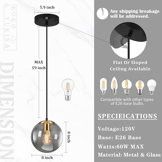 KoKo&Yukina 8 Inch Gold Pendant Light Globe Pendant Lights Kitchen Island Mid Century Light Fixture with Grey Glass Shade Adjustable Globe Cluster Lights for Dining Room Living Room