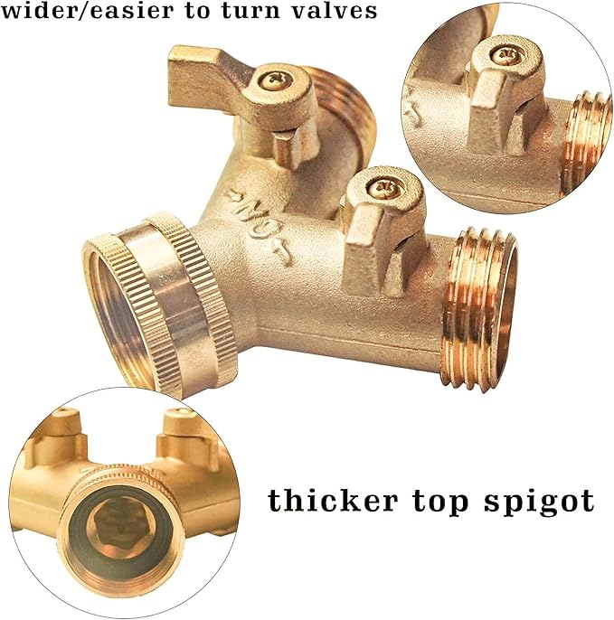 Xiny Tool Brass Garden Hose Splitter (2 Way), Solid Brass Hose Y Splitter 2 Valves with 2 Extra Rubber Washers (4)