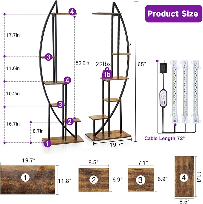 65" Tall Plant Stand Indoor with Grow Lights & Remote Control & Auto Timer, 6 Tier 2 Pack Half-Moon Metal Flower Rack with Full Spectrum Dimmable Light, Display Shelves for Living Room,Patio